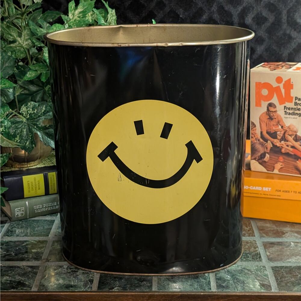 Vintage 1960s-70s Groovy Yellow Smiley Face Black Metal Waste Basket Trash Can